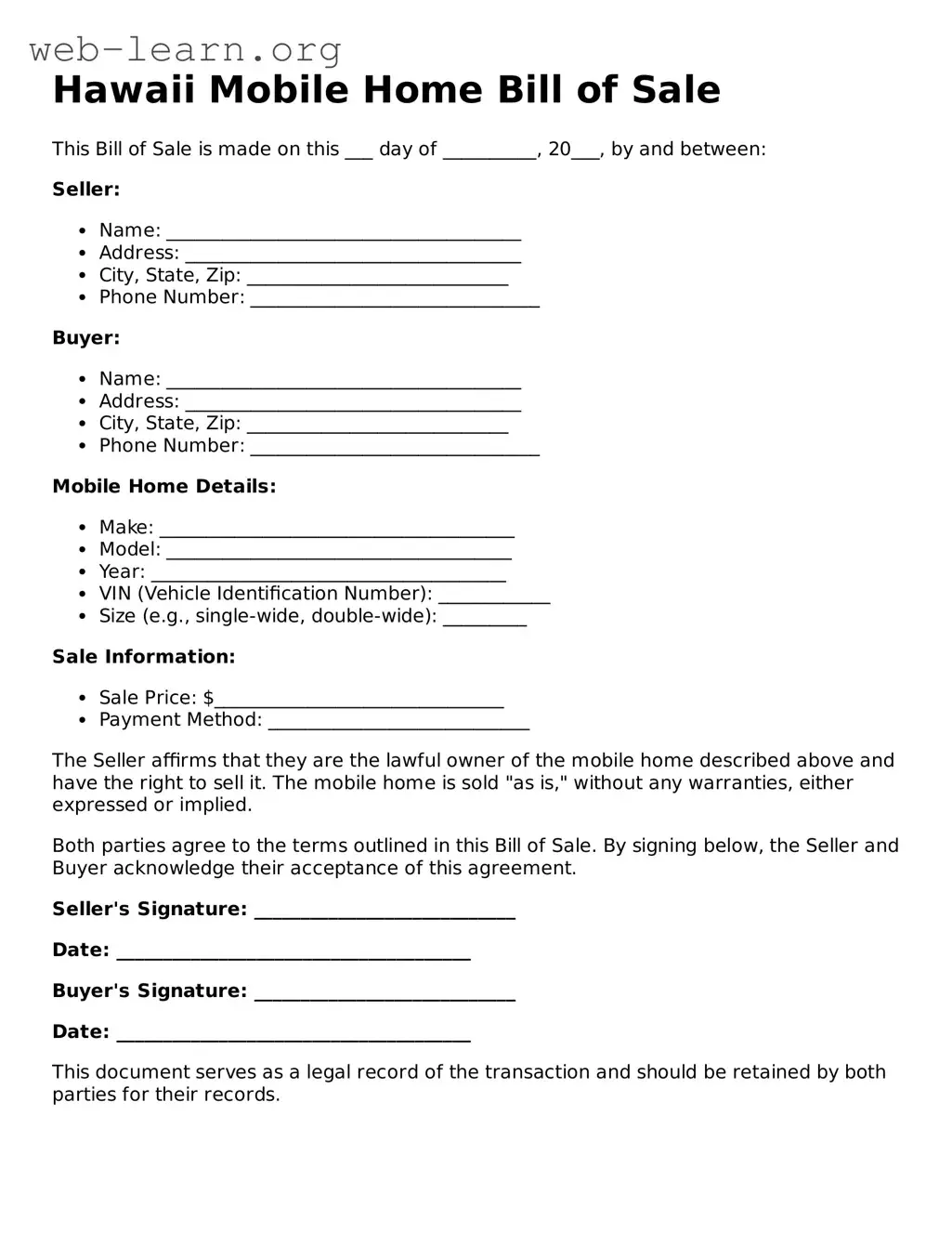 Attorney-Approved Mobile Home Bill of Sale Document for the State of Hawaii
