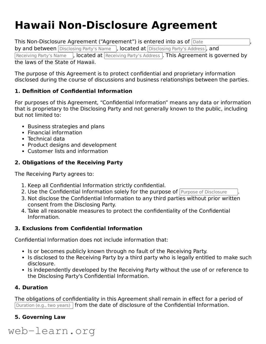 Attorney-Approved Non-disclosure Agreement Document for the State of Hawaii