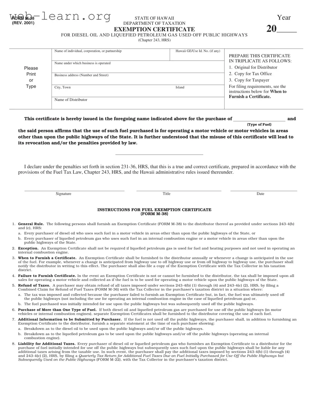 Blank Hawaii M 38 Form