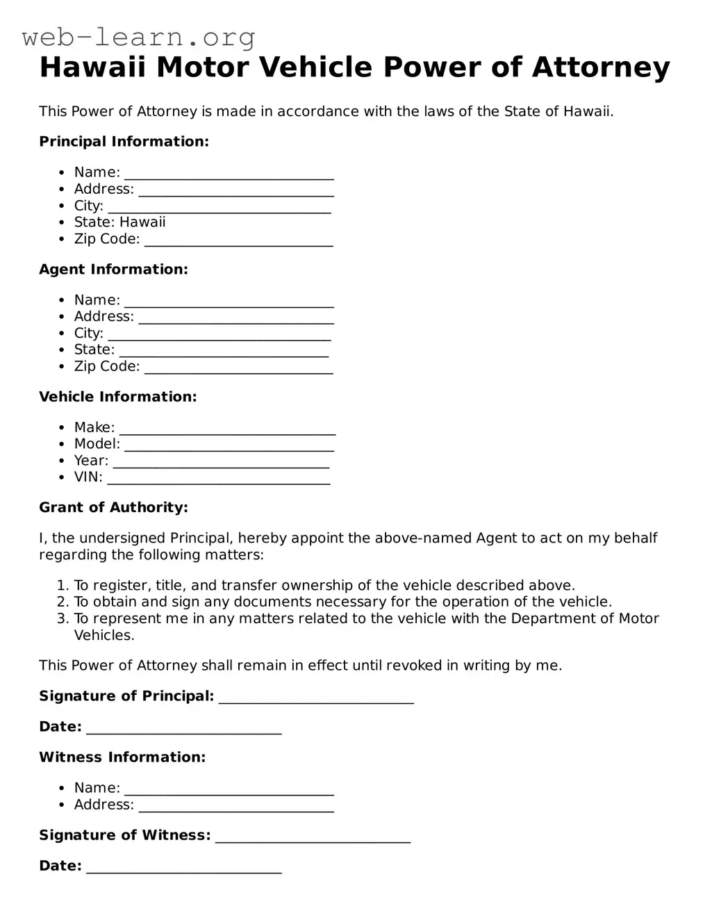 Attorney-Approved Motor Vehicle Power of Attorney Document for the State of Hawaii