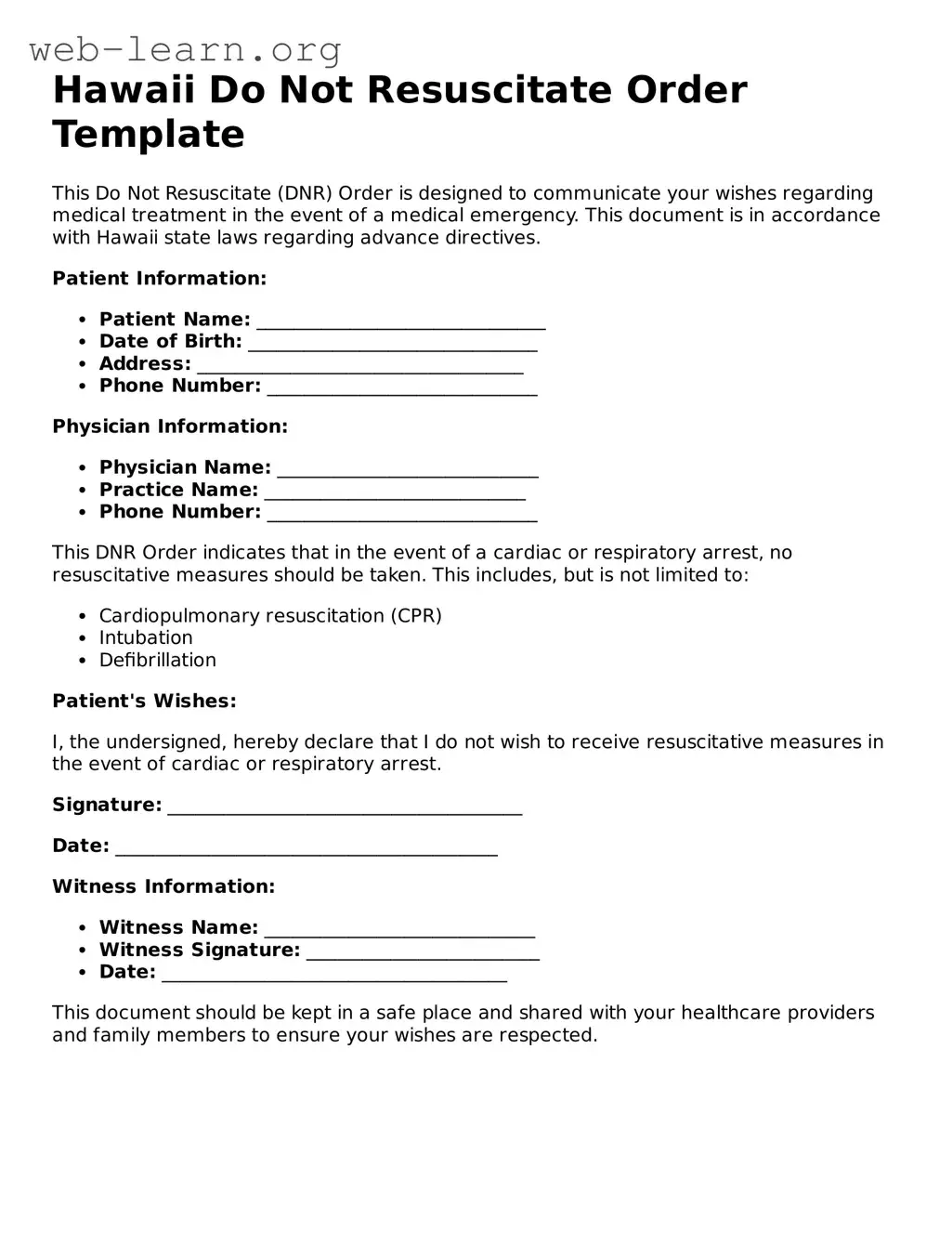 Attorney-Approved Do Not Resuscitate Order Document for the State of Hawaii