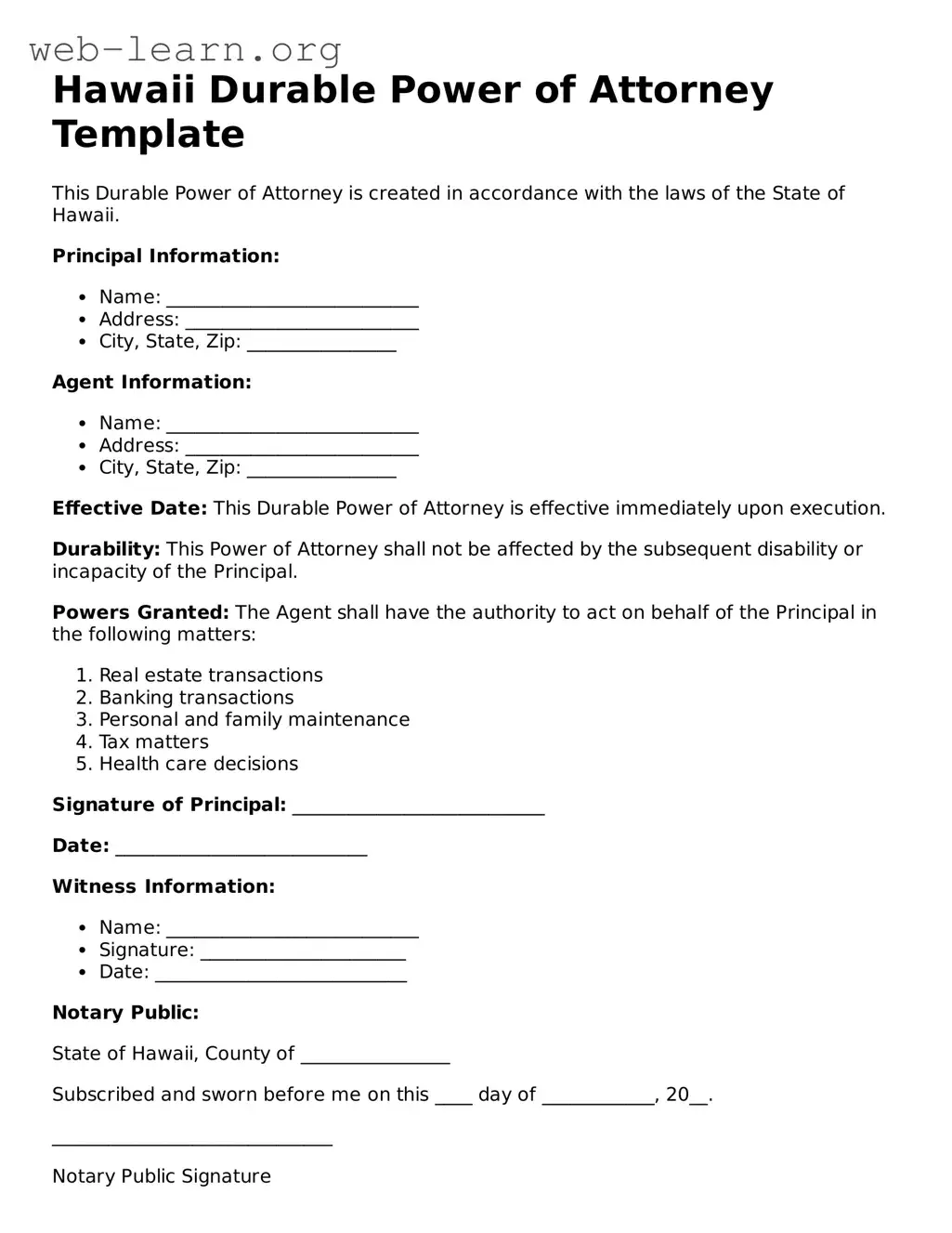 Attorney-Approved Durable Power of Attorney Document for the State of Hawaii