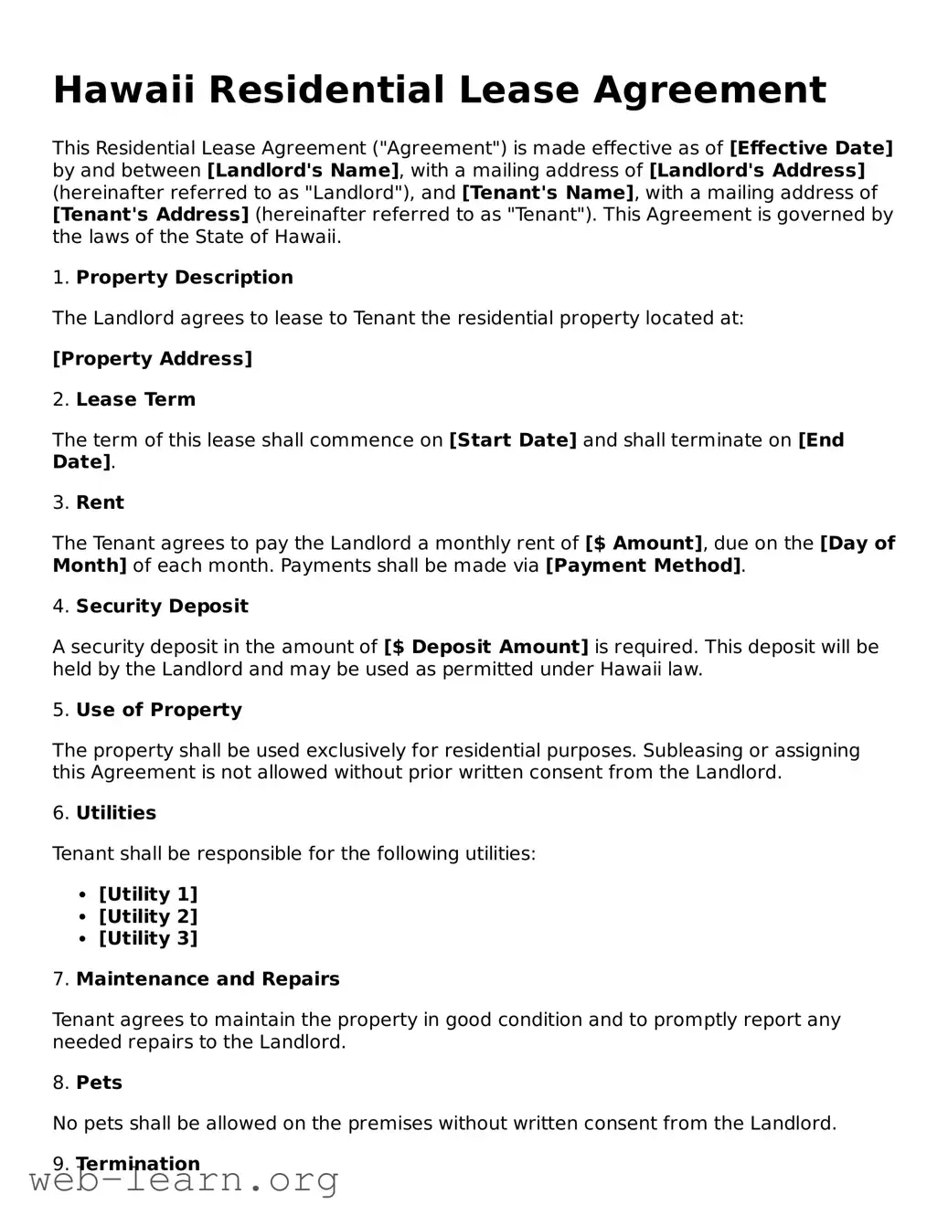Attorney-Approved Residential Lease Agreement Document for the State of Hawaii
