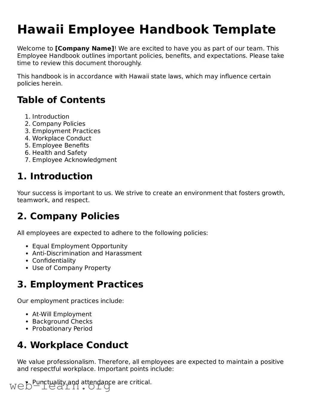 Attorney-Approved Employee Handbook Document for the State of Hawaii