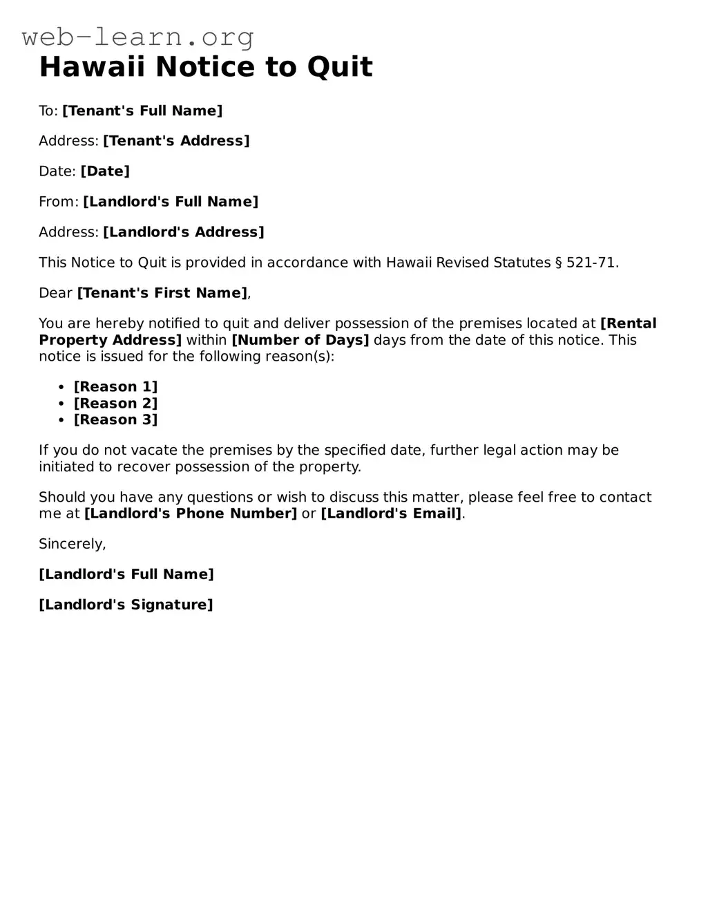 Attorney-Approved Notice to Quit Document for the State of Hawaii