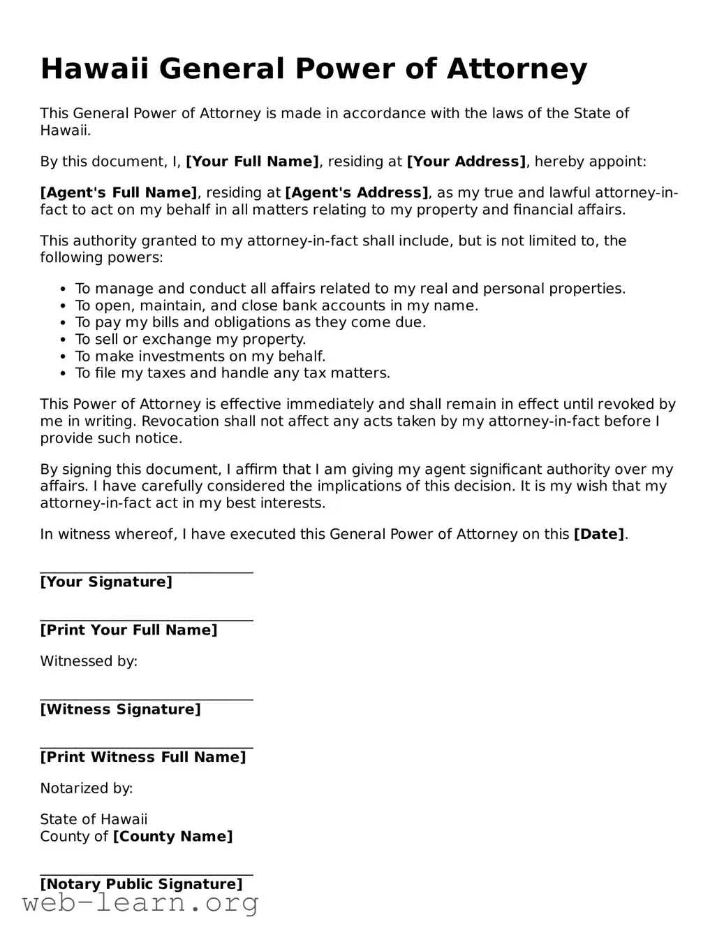 Attorney-Approved General Power of Attorney Document for the State of Hawaii