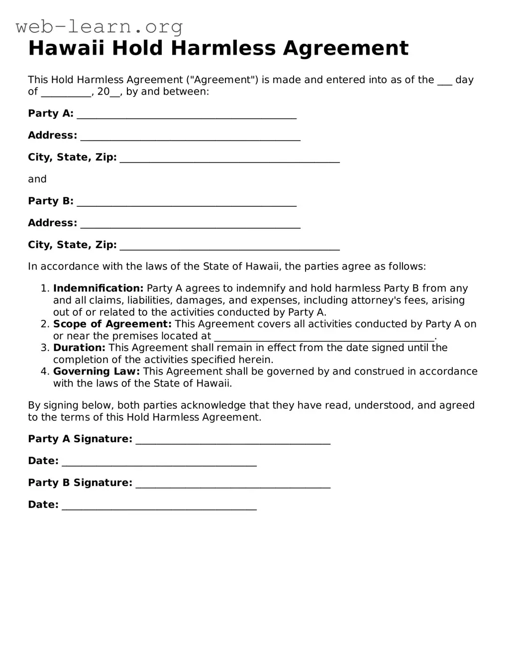 Attorney-Approved Hold Harmless Agreement Document for the State of Hawaii