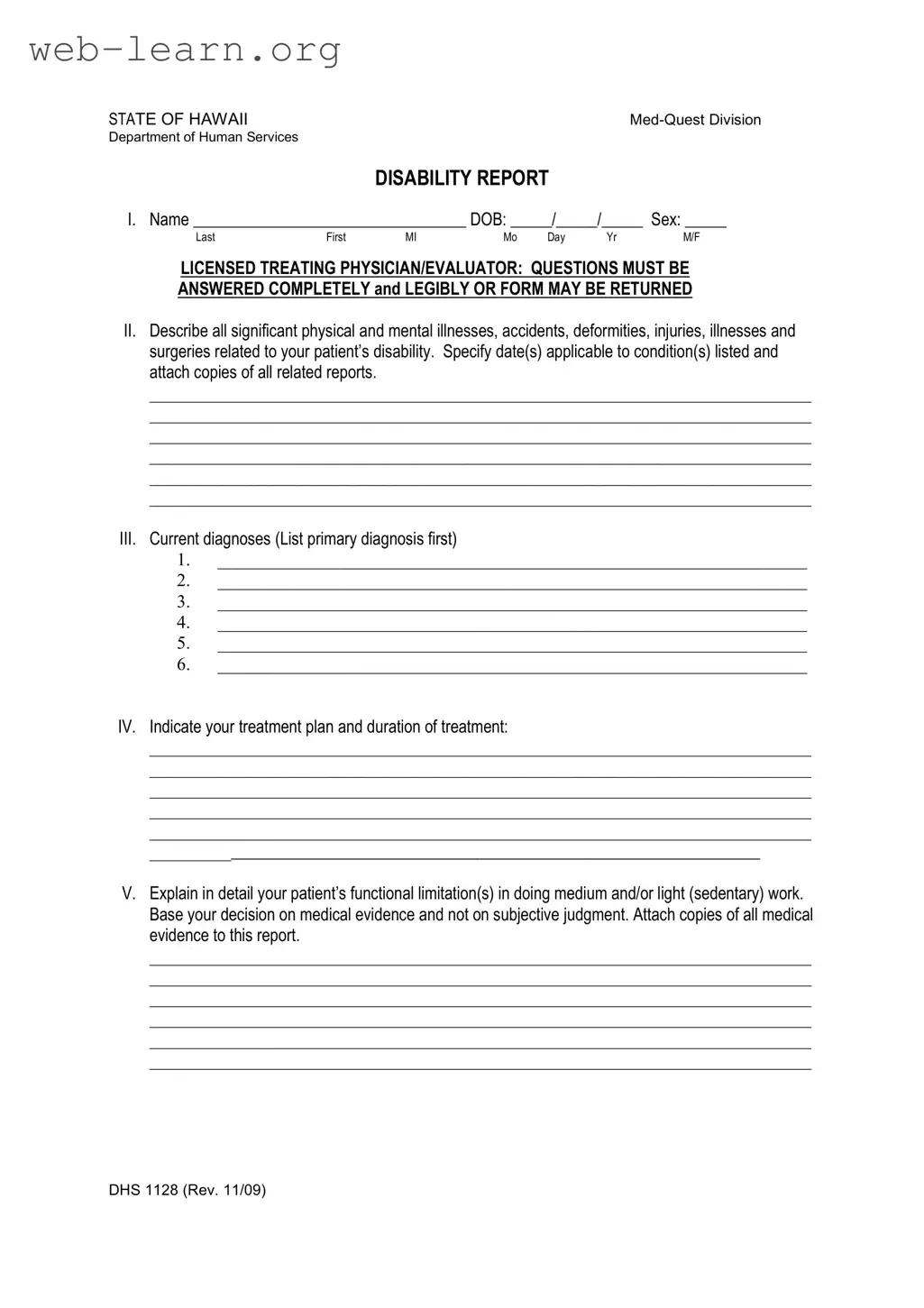 Blank Hawaii Dhs 1128 Form