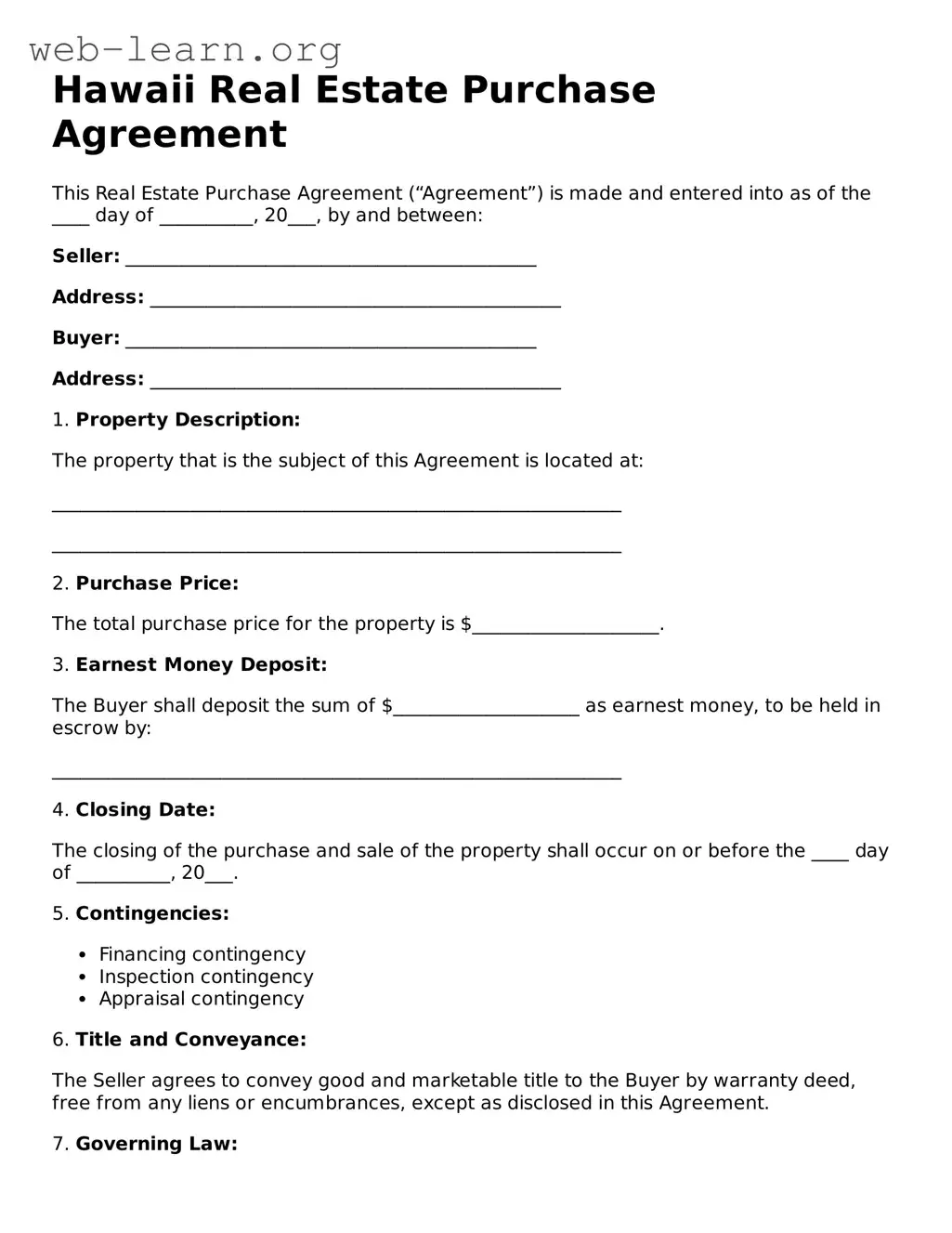 Attorney-Approved Real Estate Purchase Agreement Document for the State of Hawaii