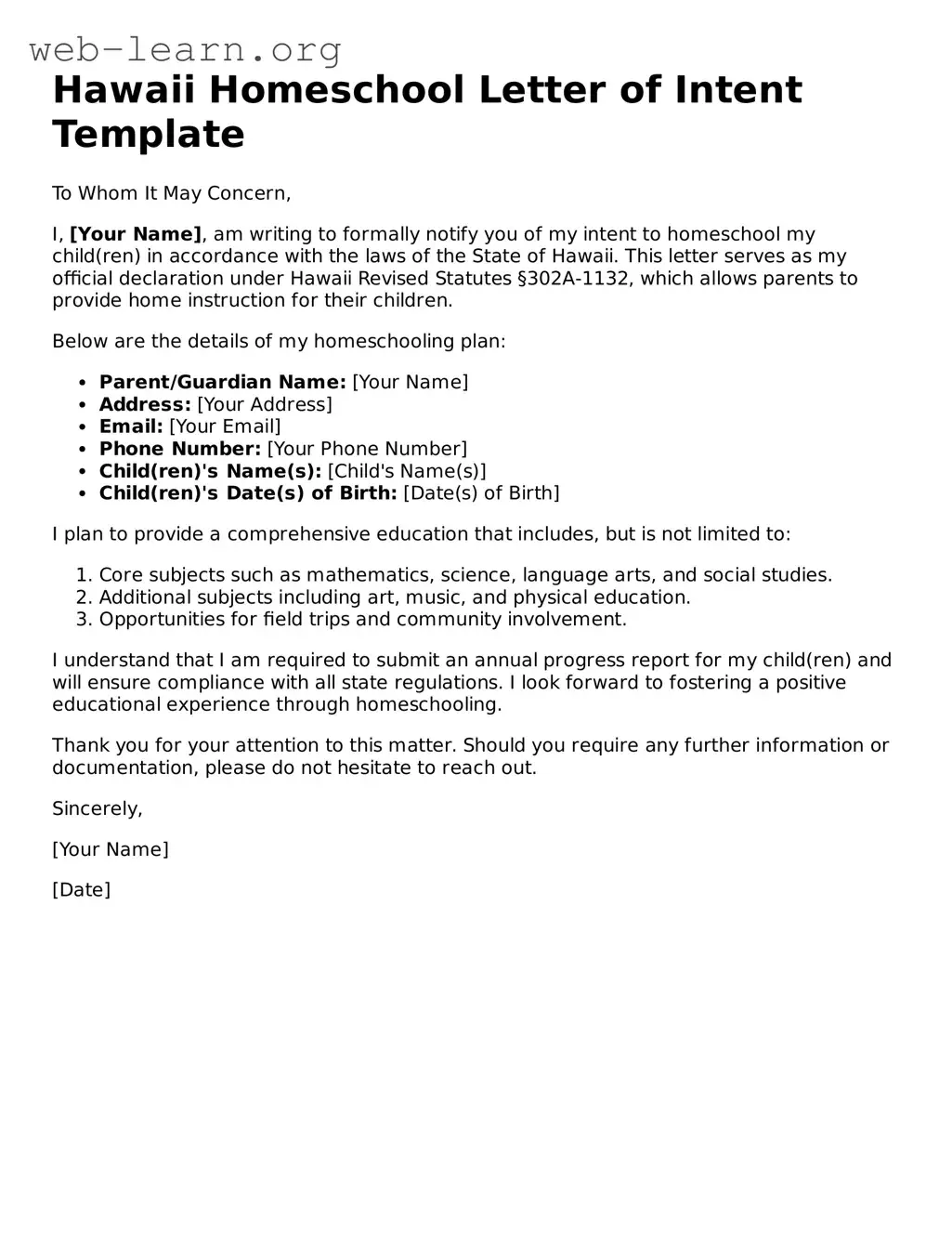 Attorney-Approved Homeschool Letter of Intent Document for the State of Hawaii