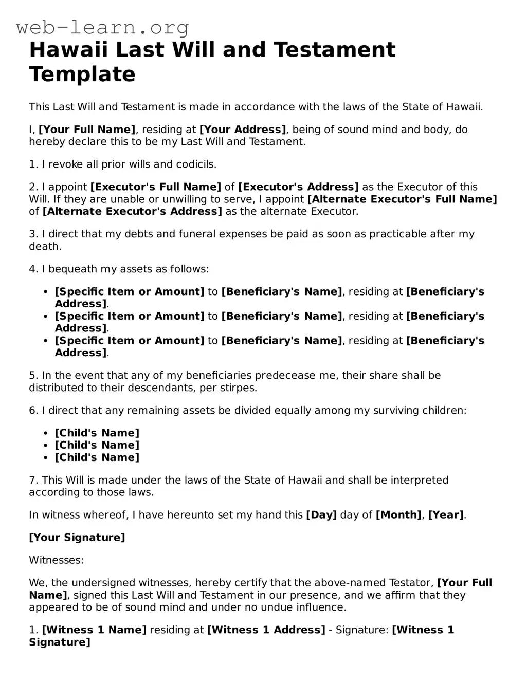 Attorney-Approved Last Will and Testament Document for the State of Hawaii