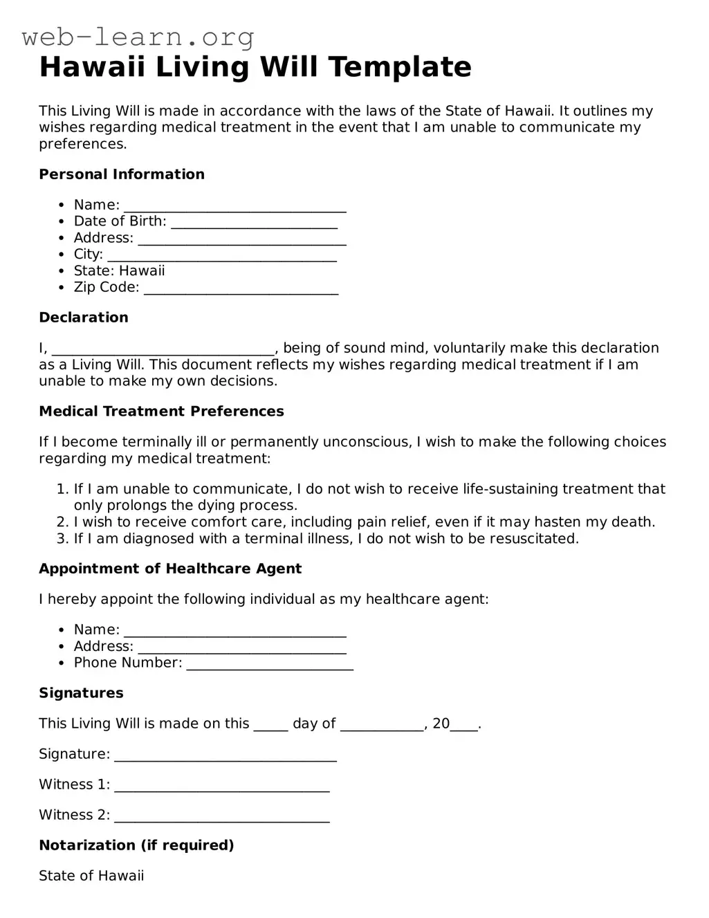 Attorney-Approved Living Will Document for the State of Hawaii