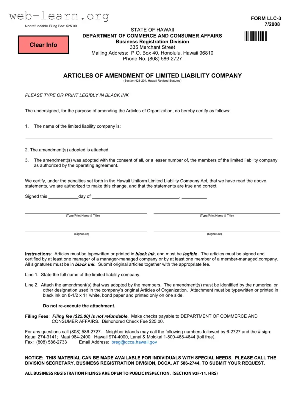 Blank Hawaii Llc 3 Form