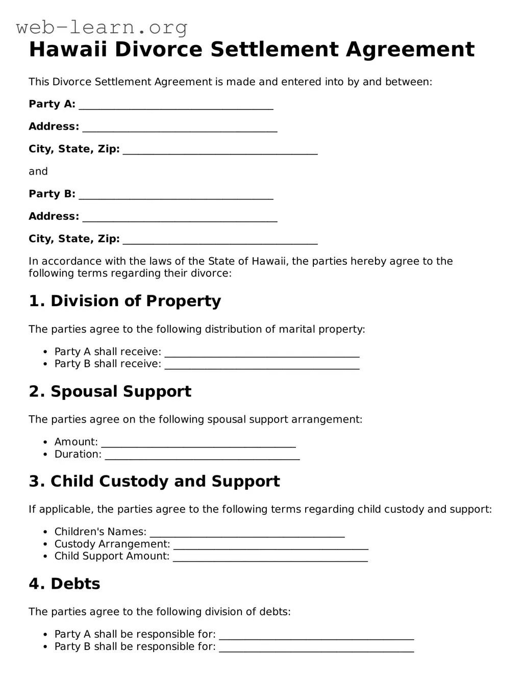 Attorney-Approved Divorce Settlement Agreement Document for the State of Hawaii