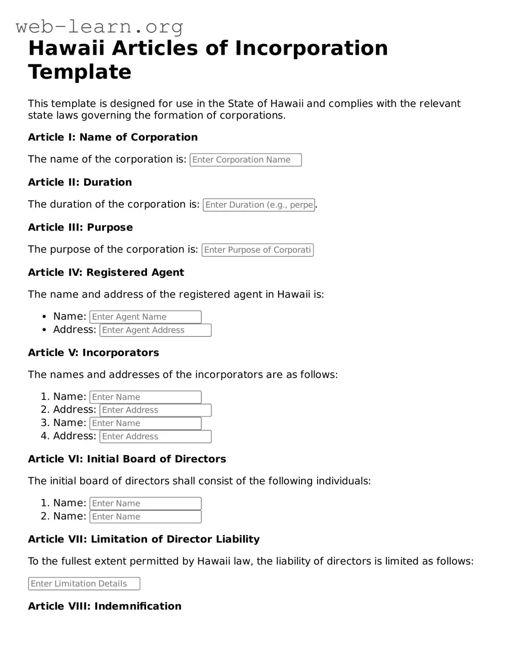 Attorney-Approved Articles of Incorporation Document for the State of Hawaii