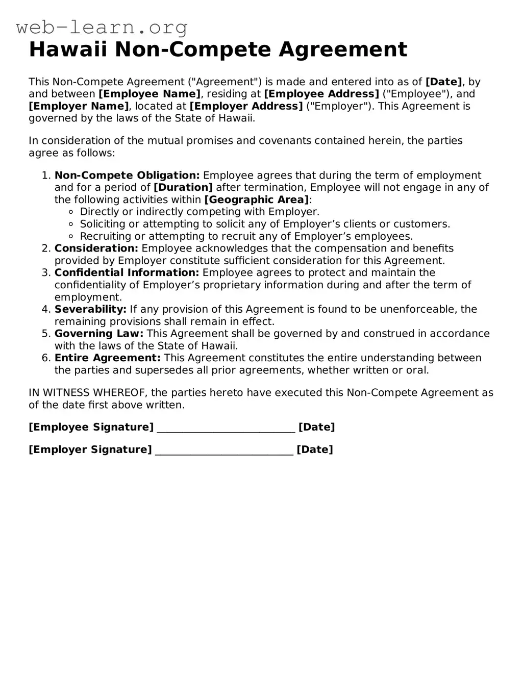 Attorney-Approved Non-compete Agreement Document for the State of Hawaii