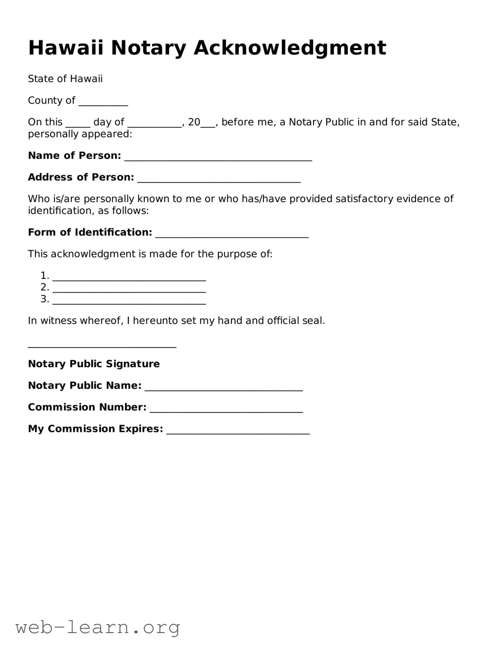Attorney-Approved Notary Acknowledgement Document for the State of Hawaii