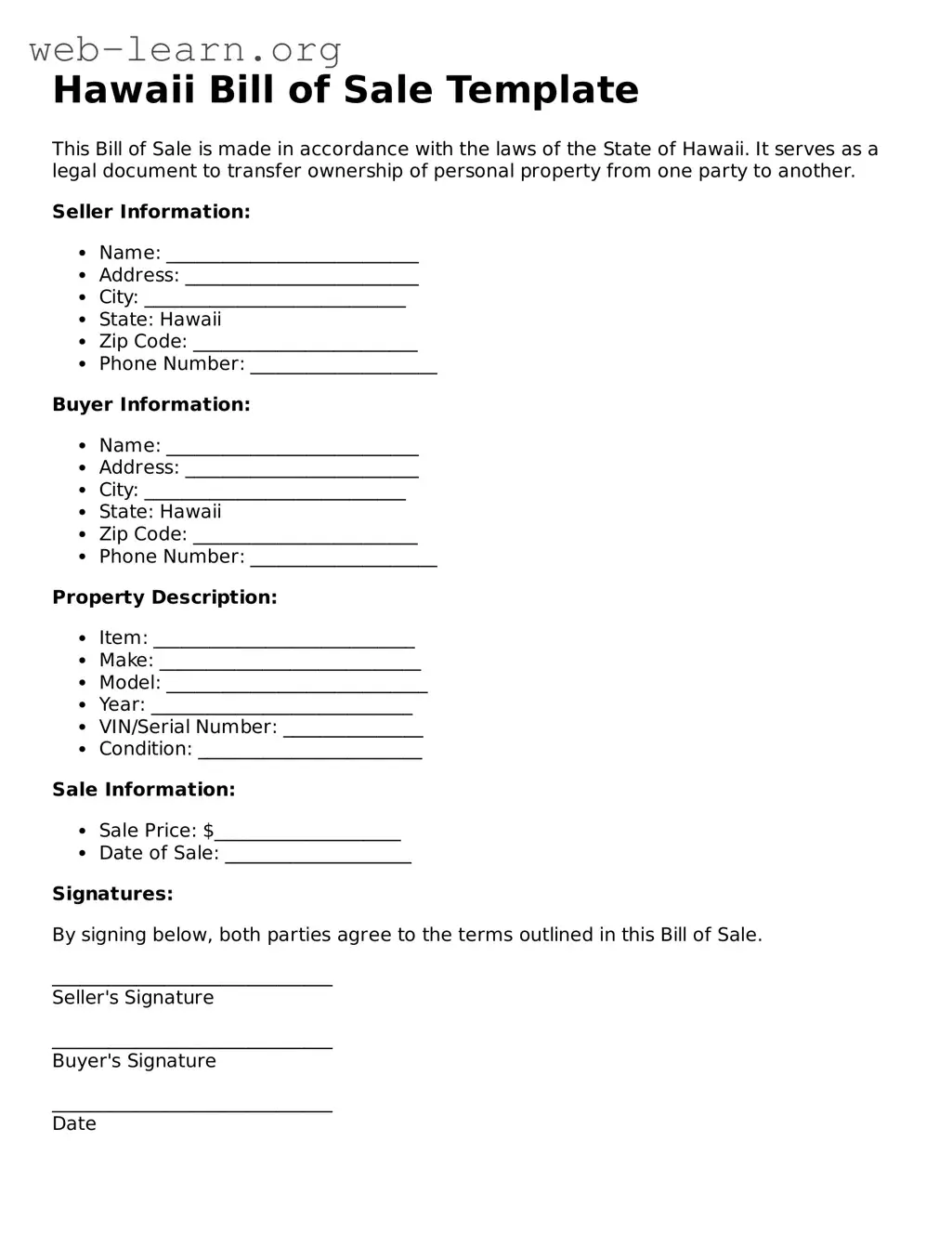 Attorney-Approved Bill of Sale Document for the State of Hawaii