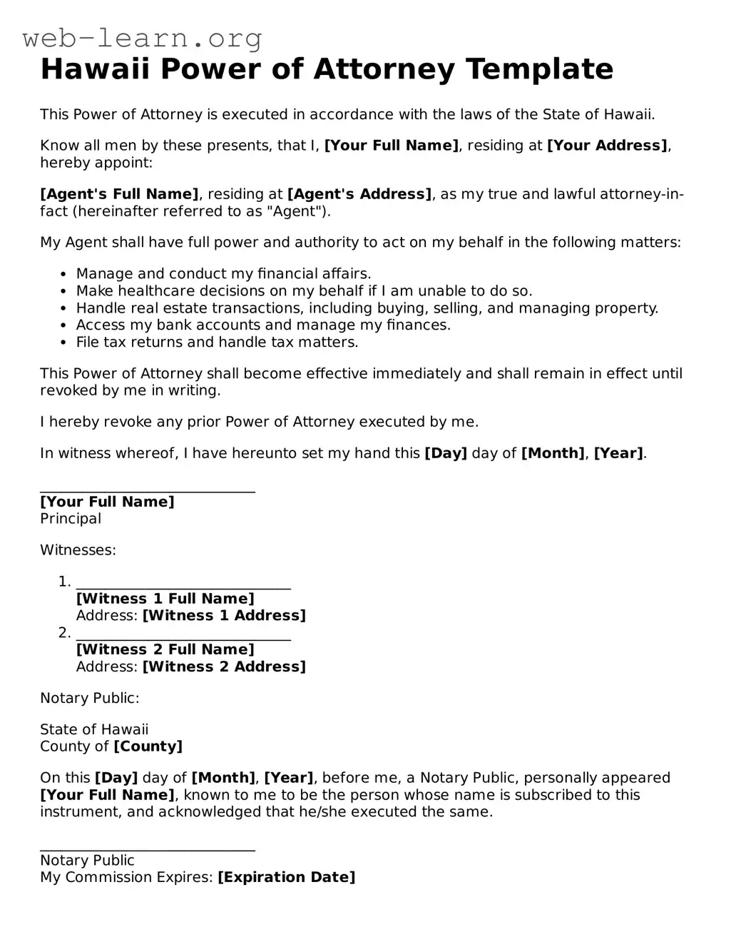 Attorney-Approved Power of Attorney Document for the State of Hawaii