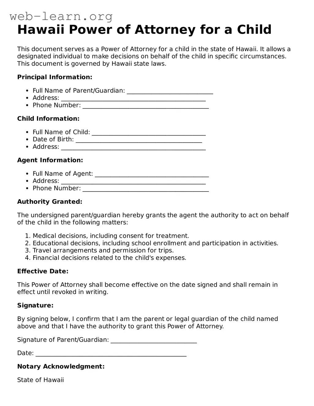 Attorney-Approved Power of Attorney for a Child Document for the State of Hawaii