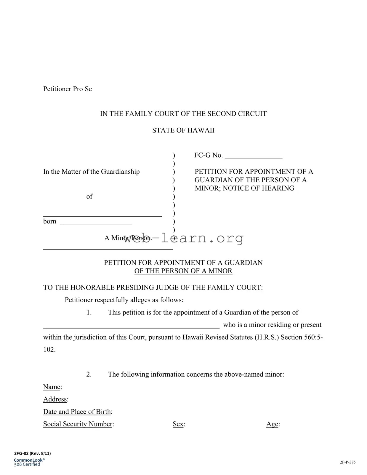 Blank State Hawaii Guardianship Form