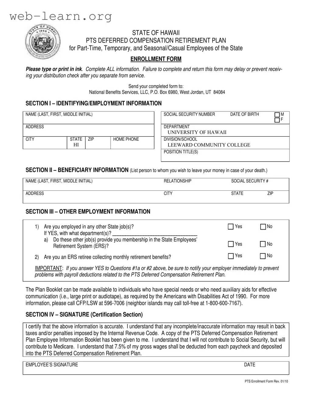 Blank Hawaii Pts Enrollment Form