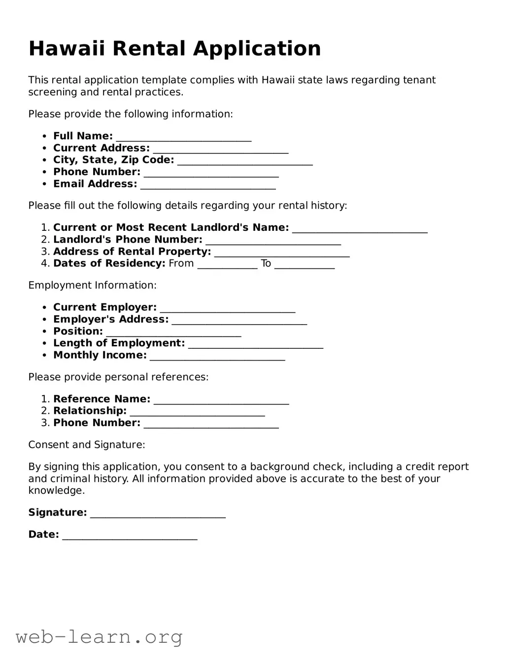Attorney-Approved Rental Application Document for the State of Hawaii