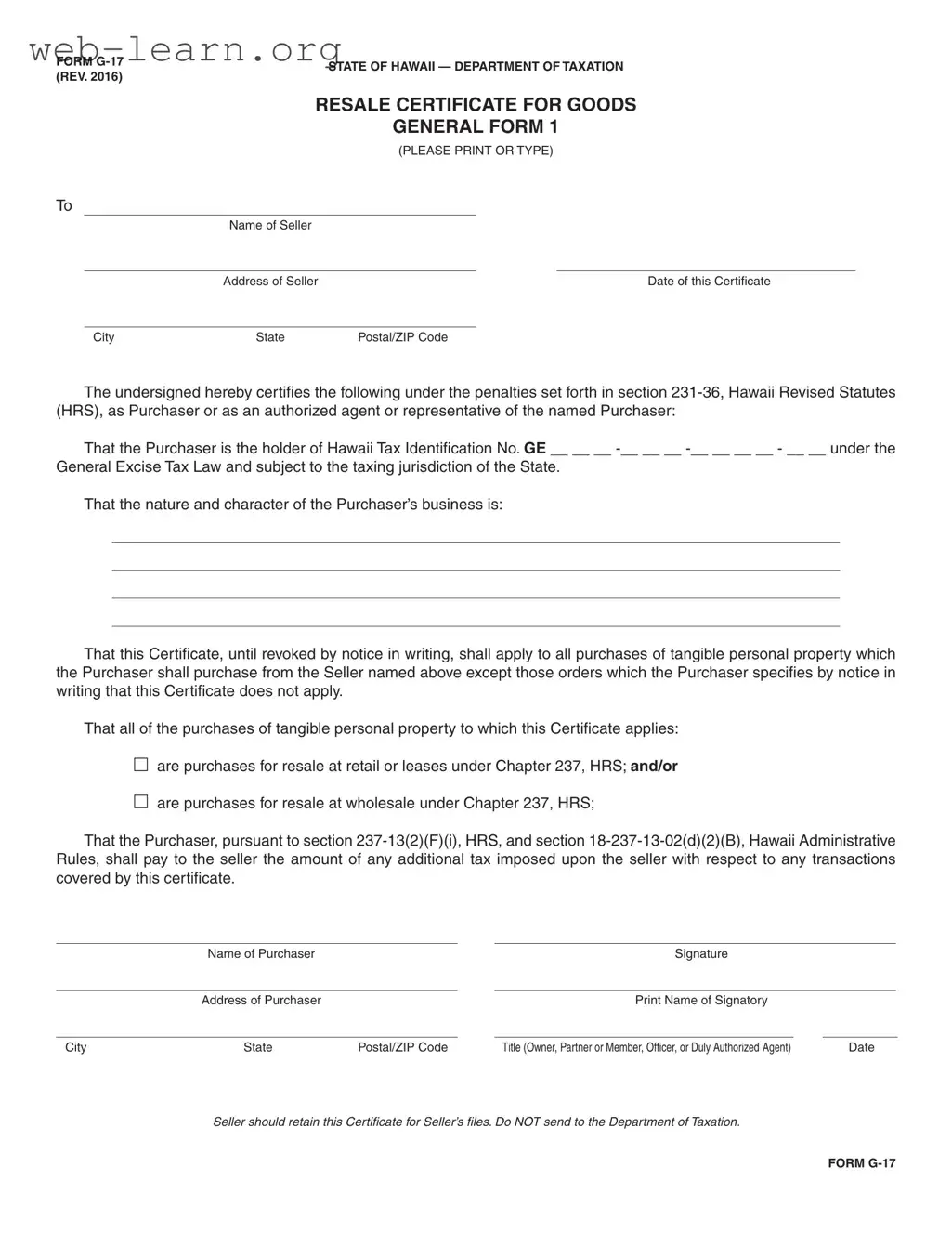 Blank Hawaii G 17 Form