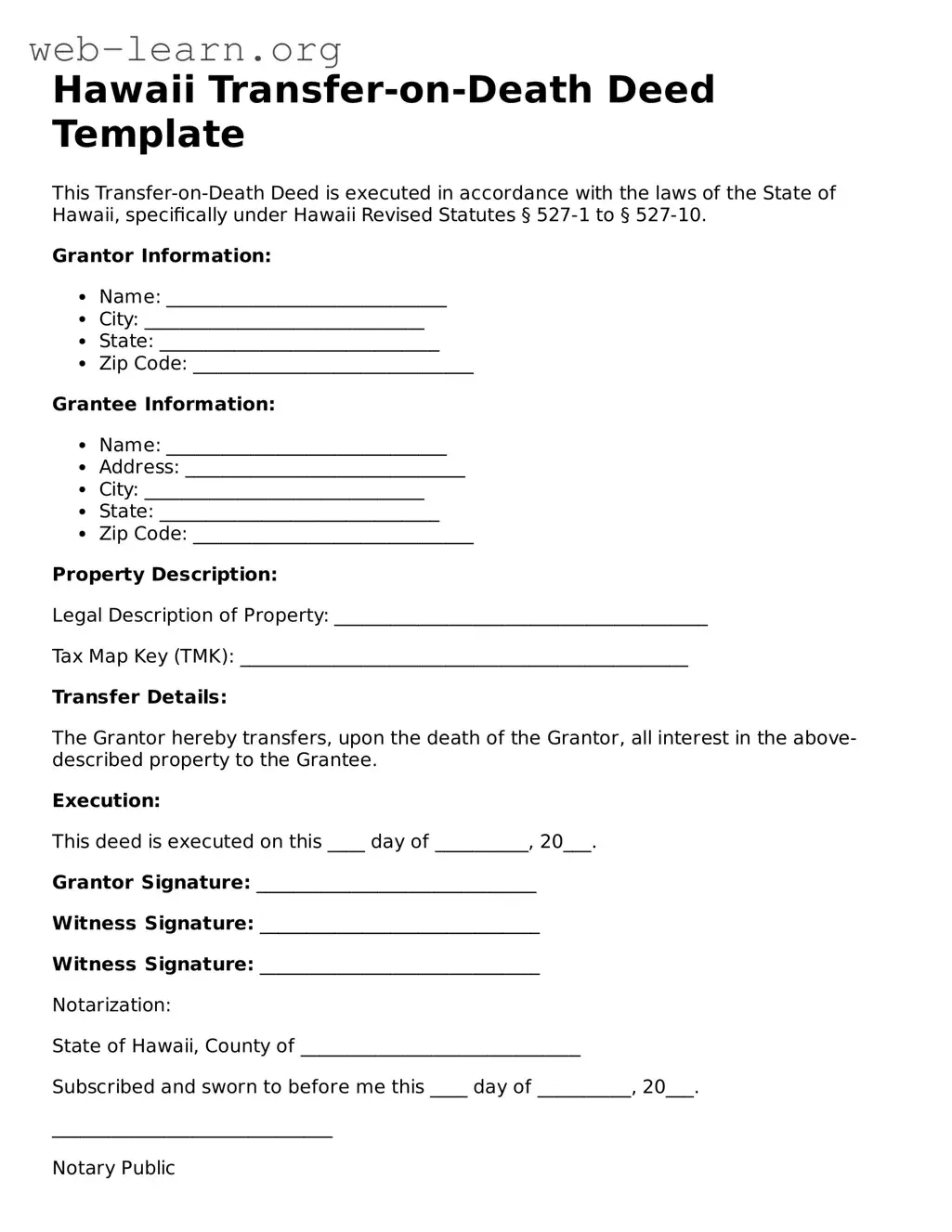 Attorney-Approved Transfer-on-Death Deed Document for the State of Hawaii