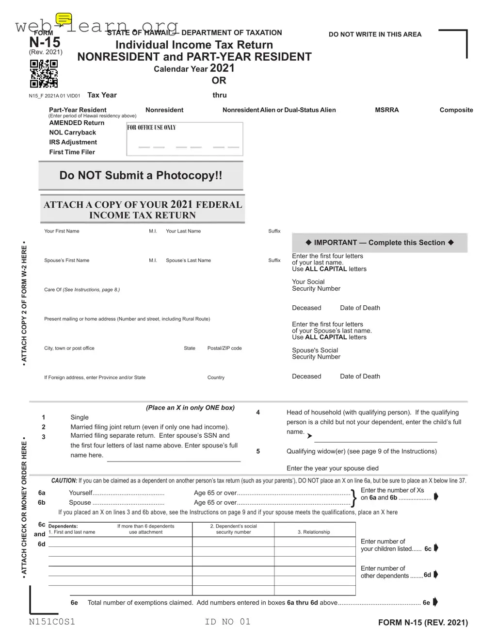 Blank Hawaii N15 Tax Form