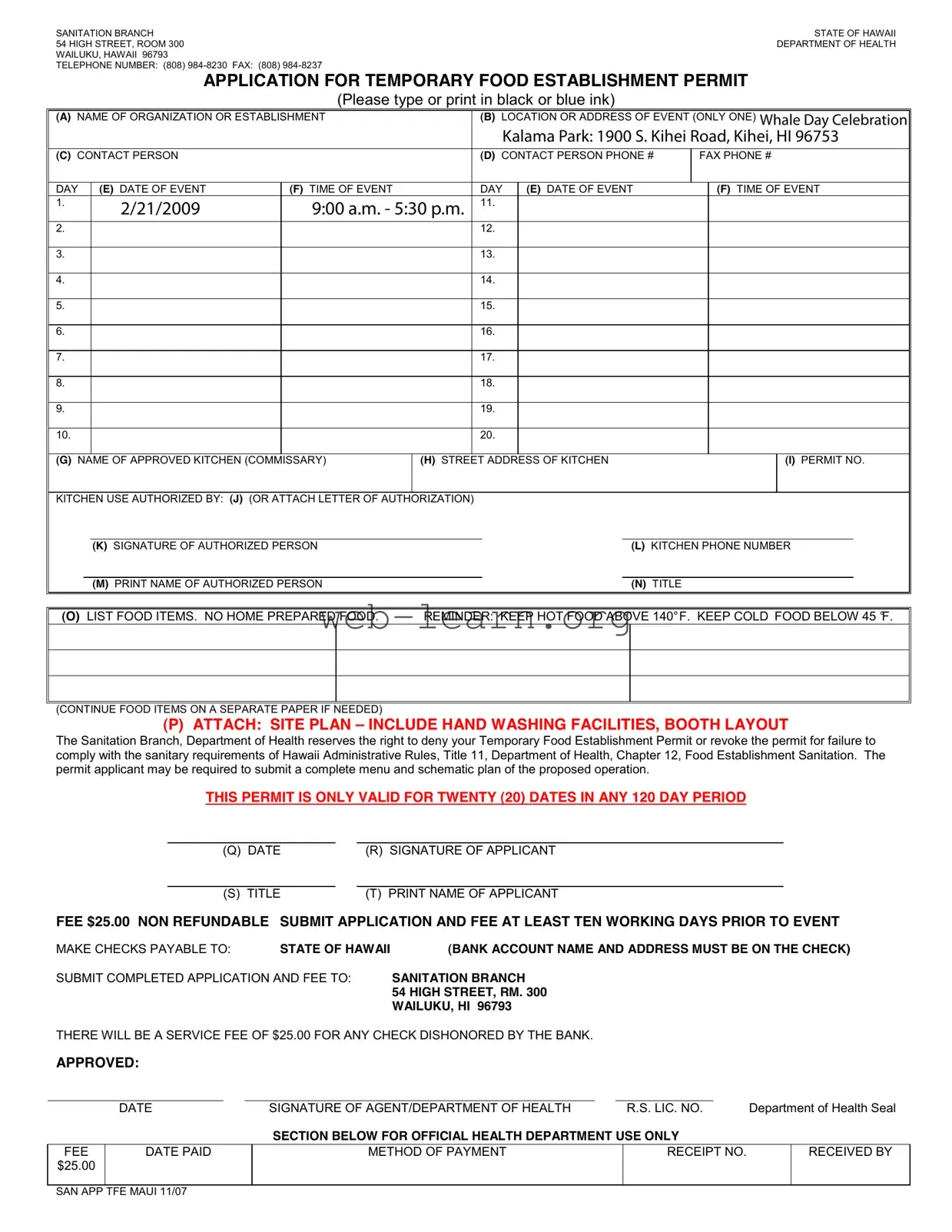 Blank Temporary Food Permit Hawaii Form
