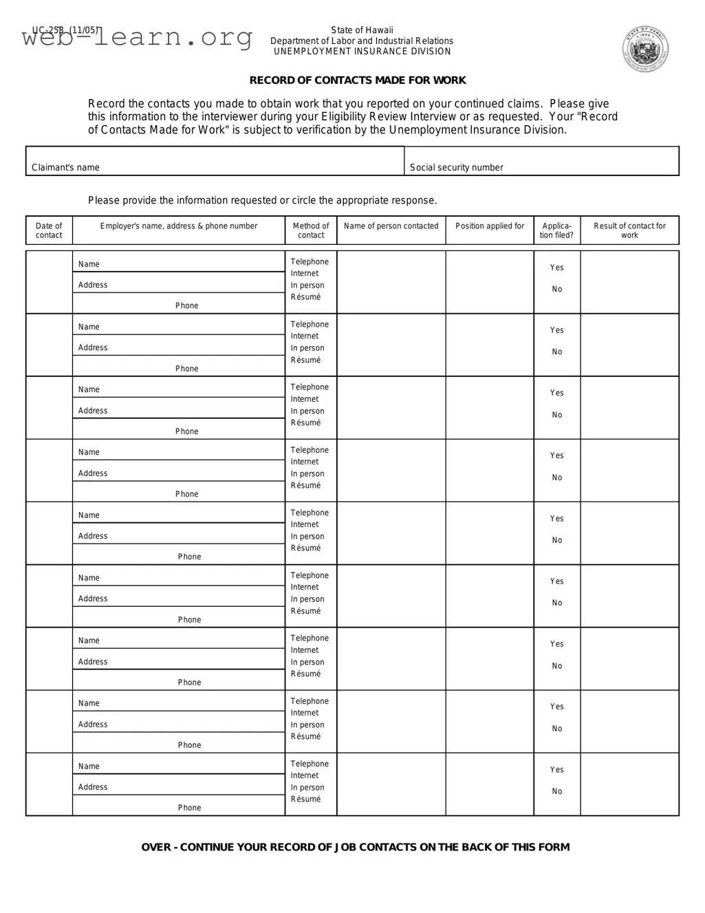 Blank Hawaii Uc 253 Form