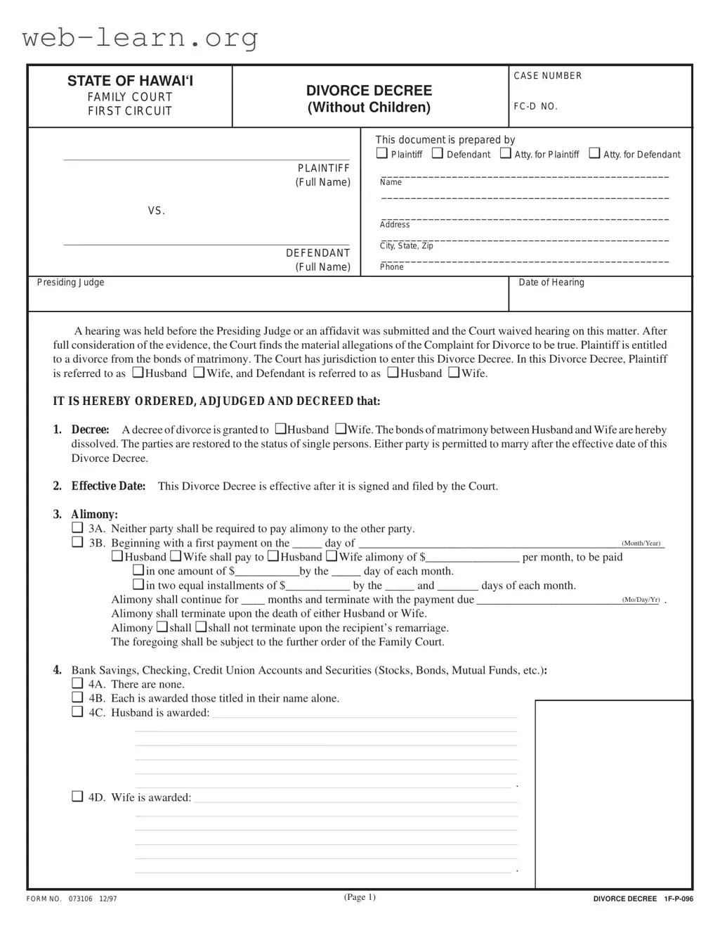 Blank Divorce Decree Hawaii Form