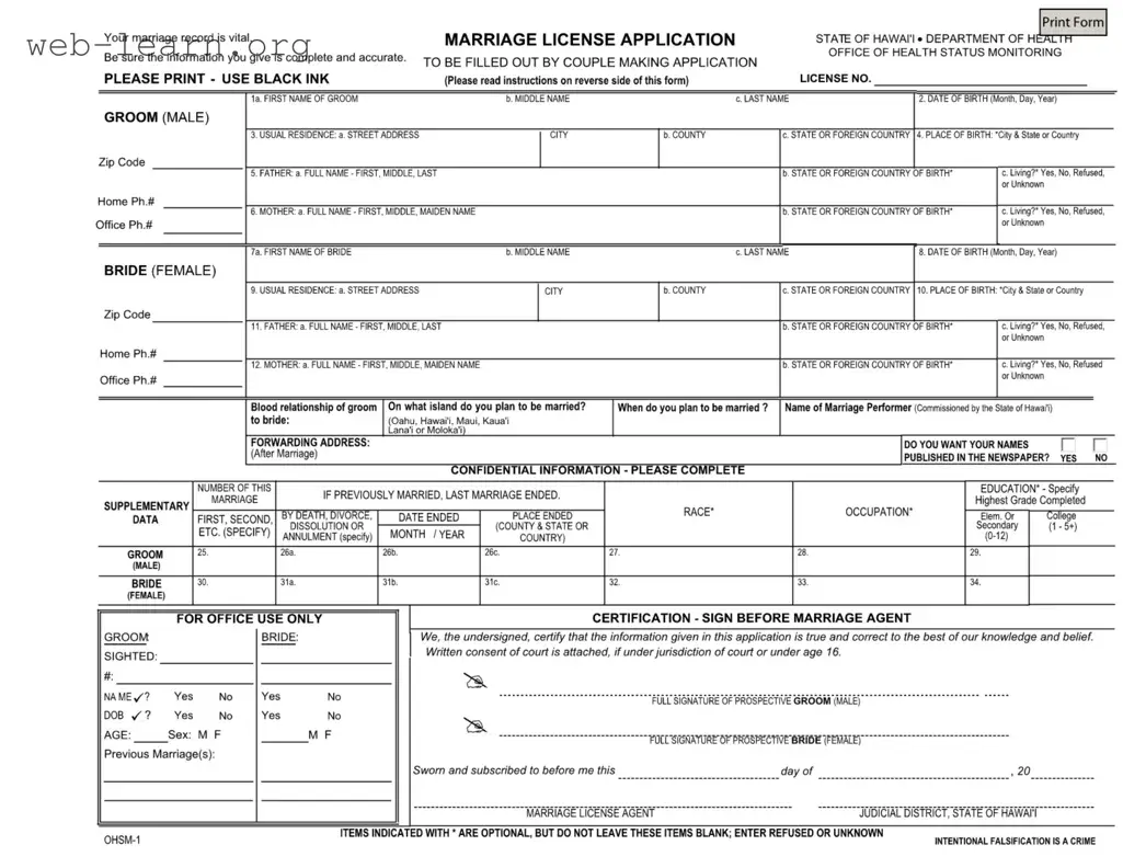 Blank Hawaii Marriage Licens Application Form