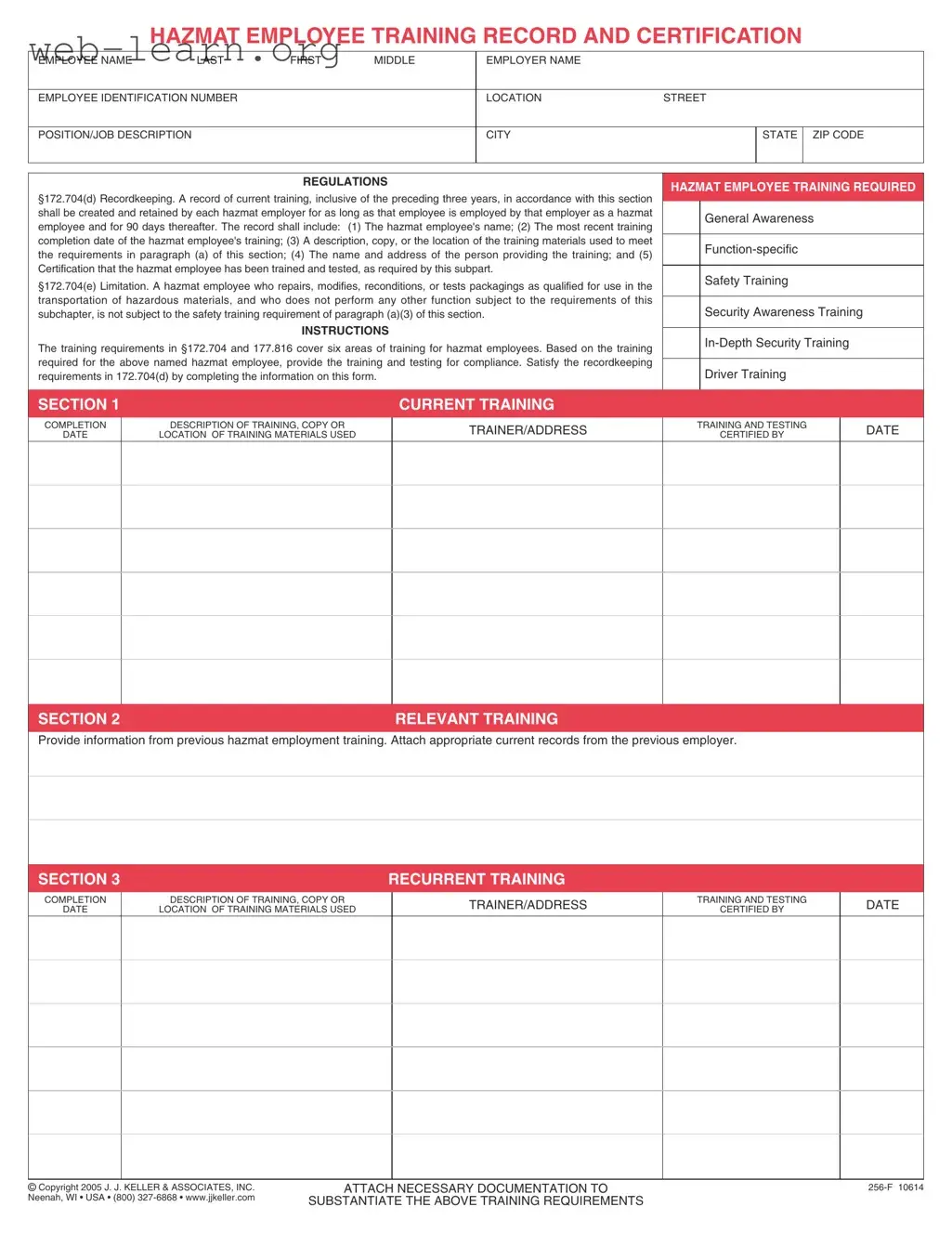 Blank Hazmat Employee Training Record Form