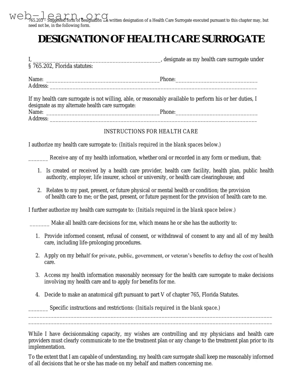 Blank Florida Health Care Surrogate Form