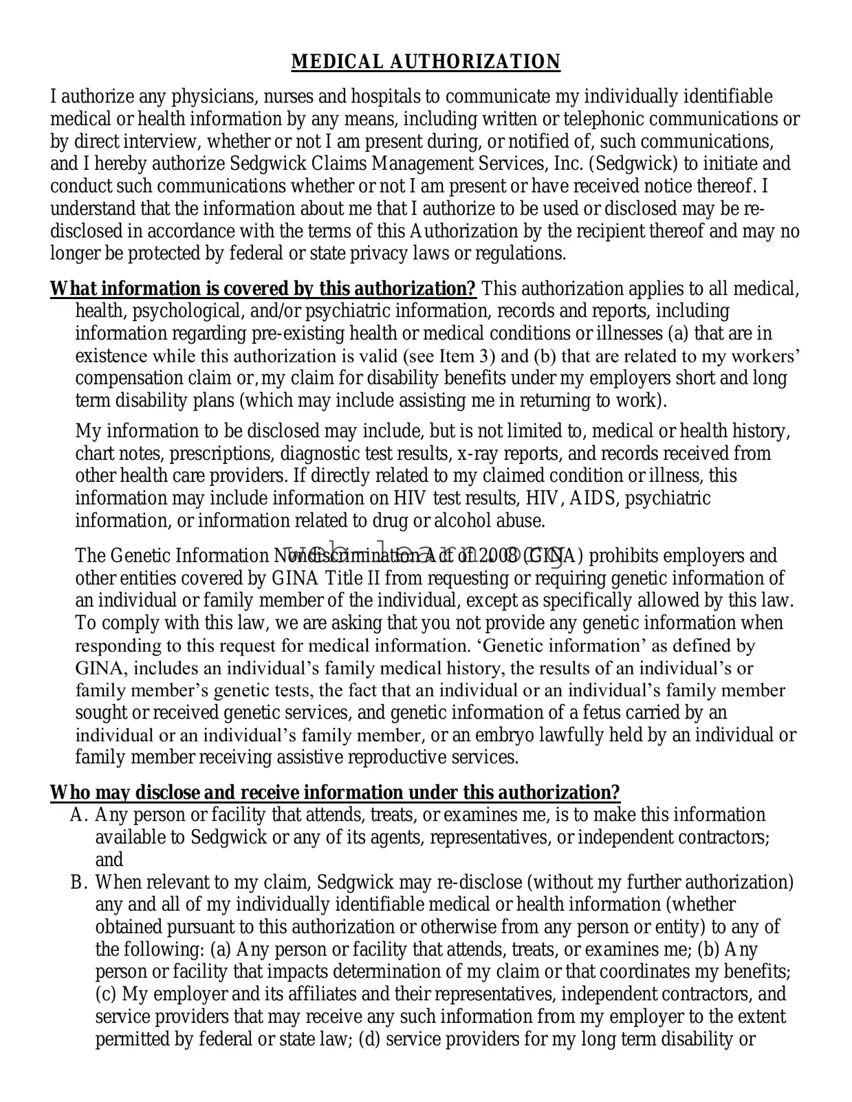 Blank Sedgwick Medical Release Form