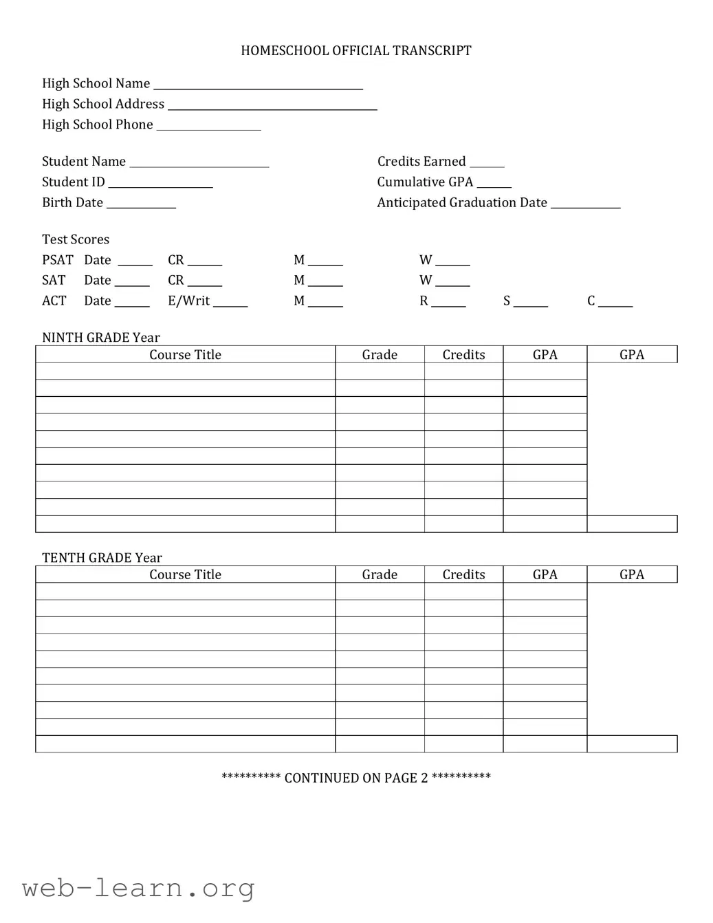 Blank High School Transcript Form