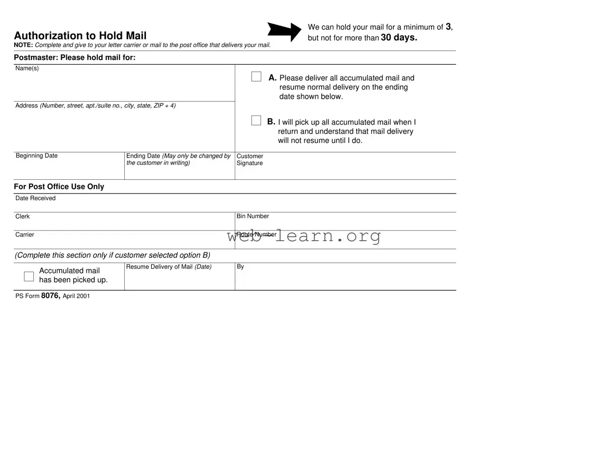 Blank Usps Hold Mail Request Form