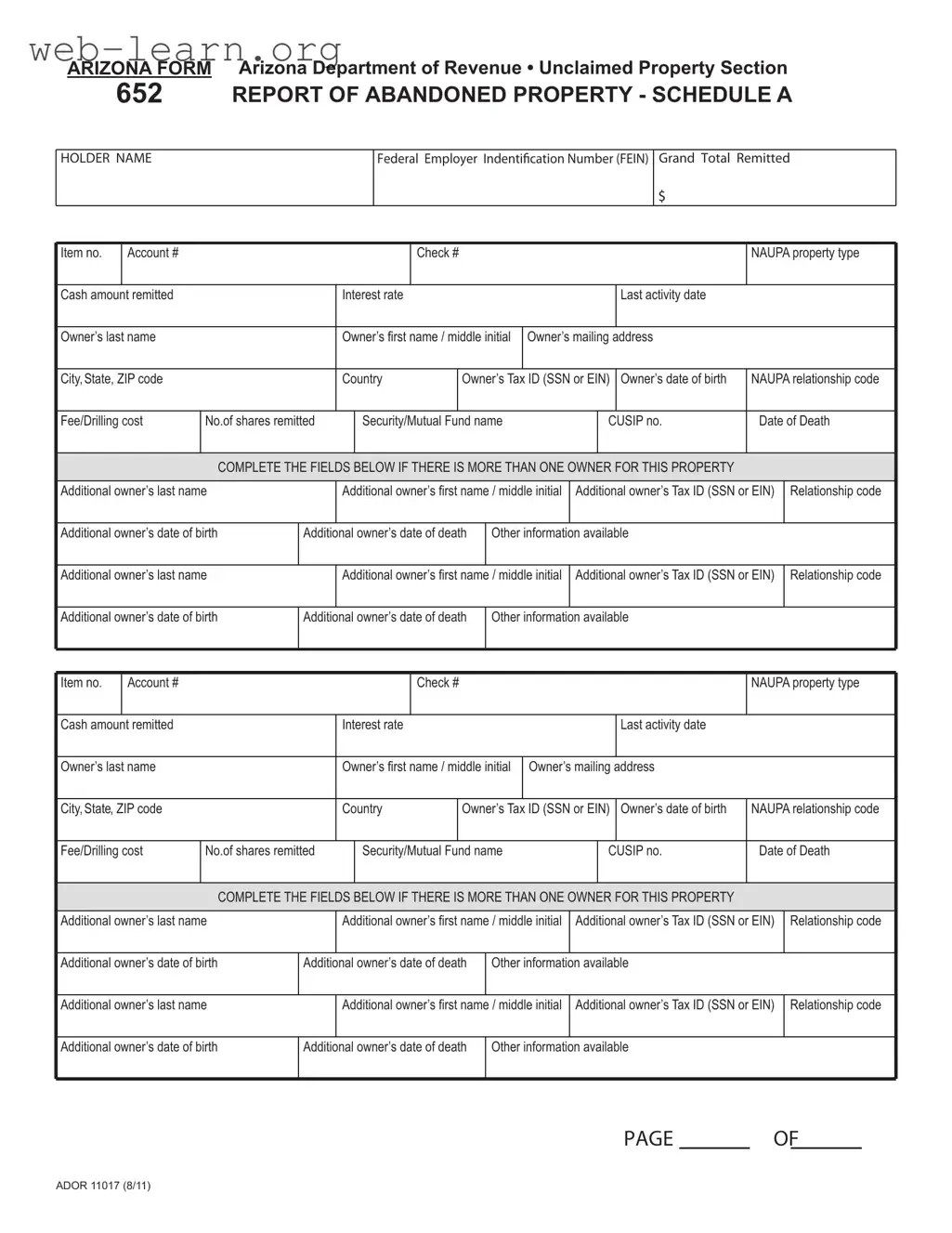 Blank Arizona 652 Form