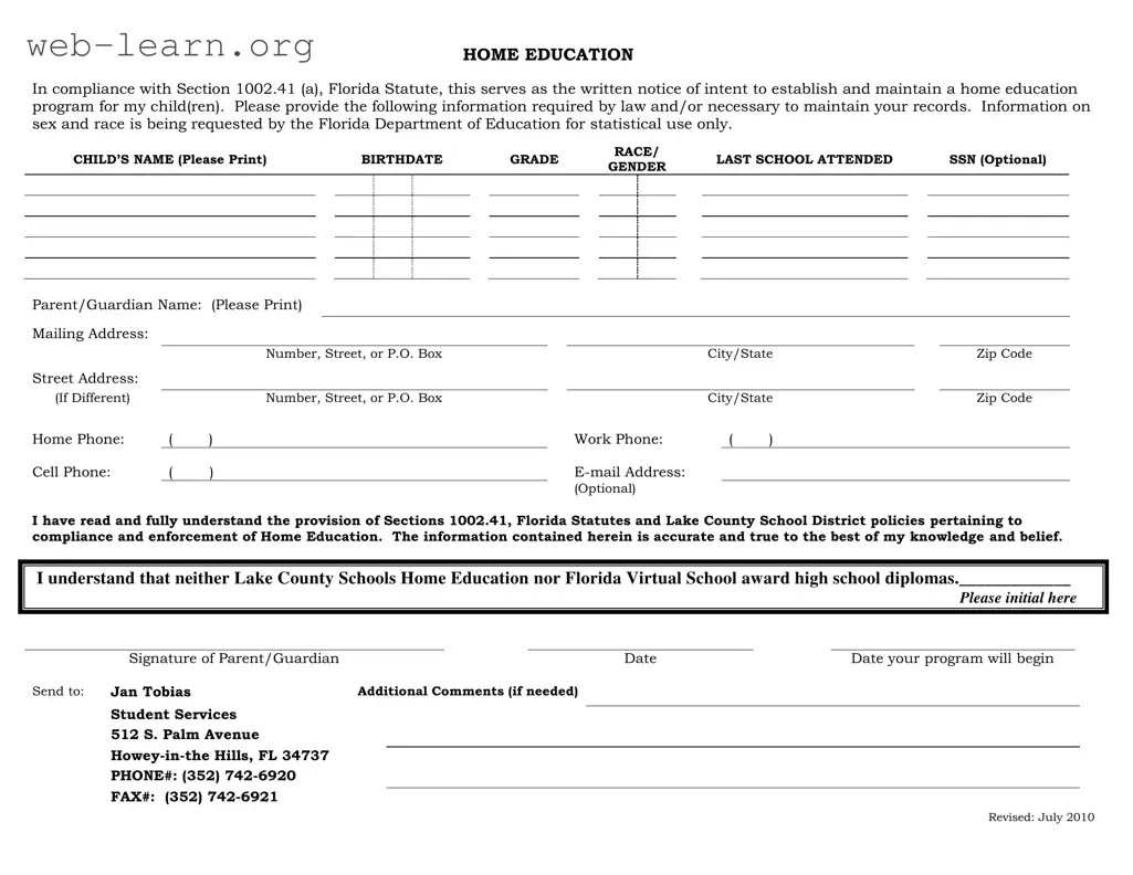 Blank Intent To Homeschool Florida Form