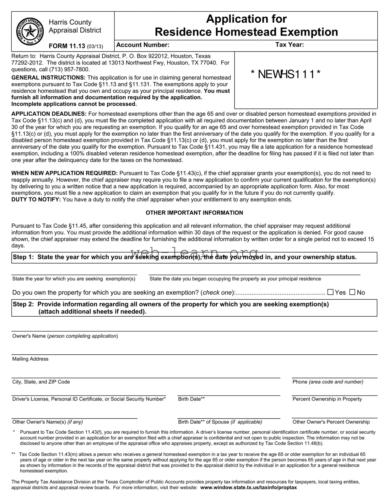 Blank Texas Homestead Exemption Form