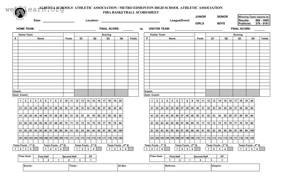 Blank Basketball Scoresheet Form