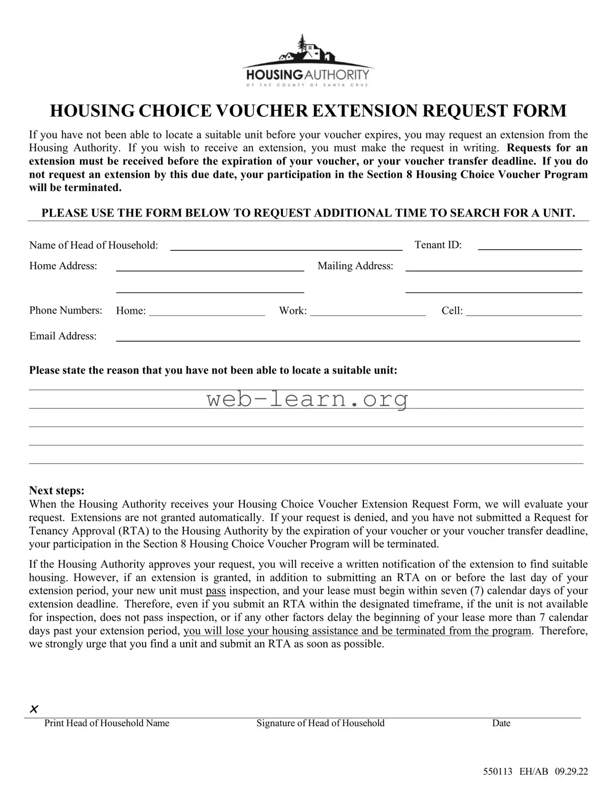 Blank Section 8 Voucher Extension Form