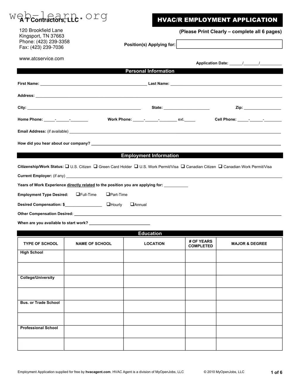 Blank Hvac Job Application Form