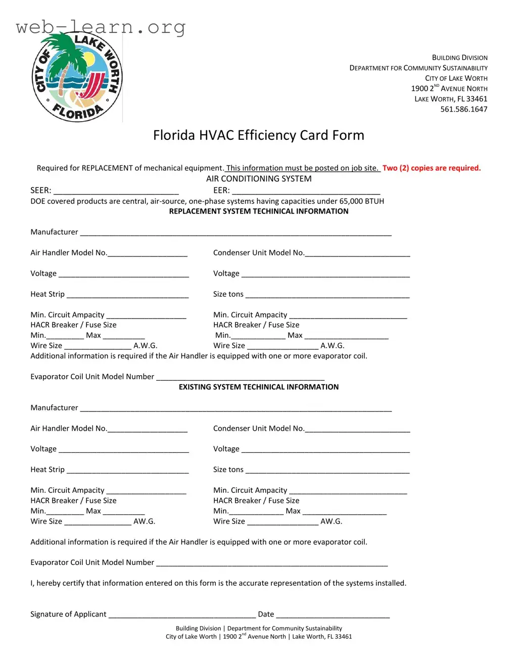 Blank Florida Hvac Efficiency Card Form