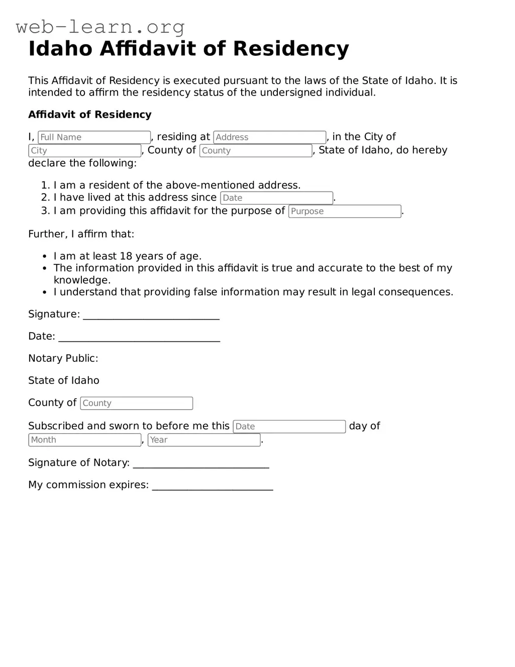 Attorney-Approved Affidavit of Residency Document for the State of Idaho