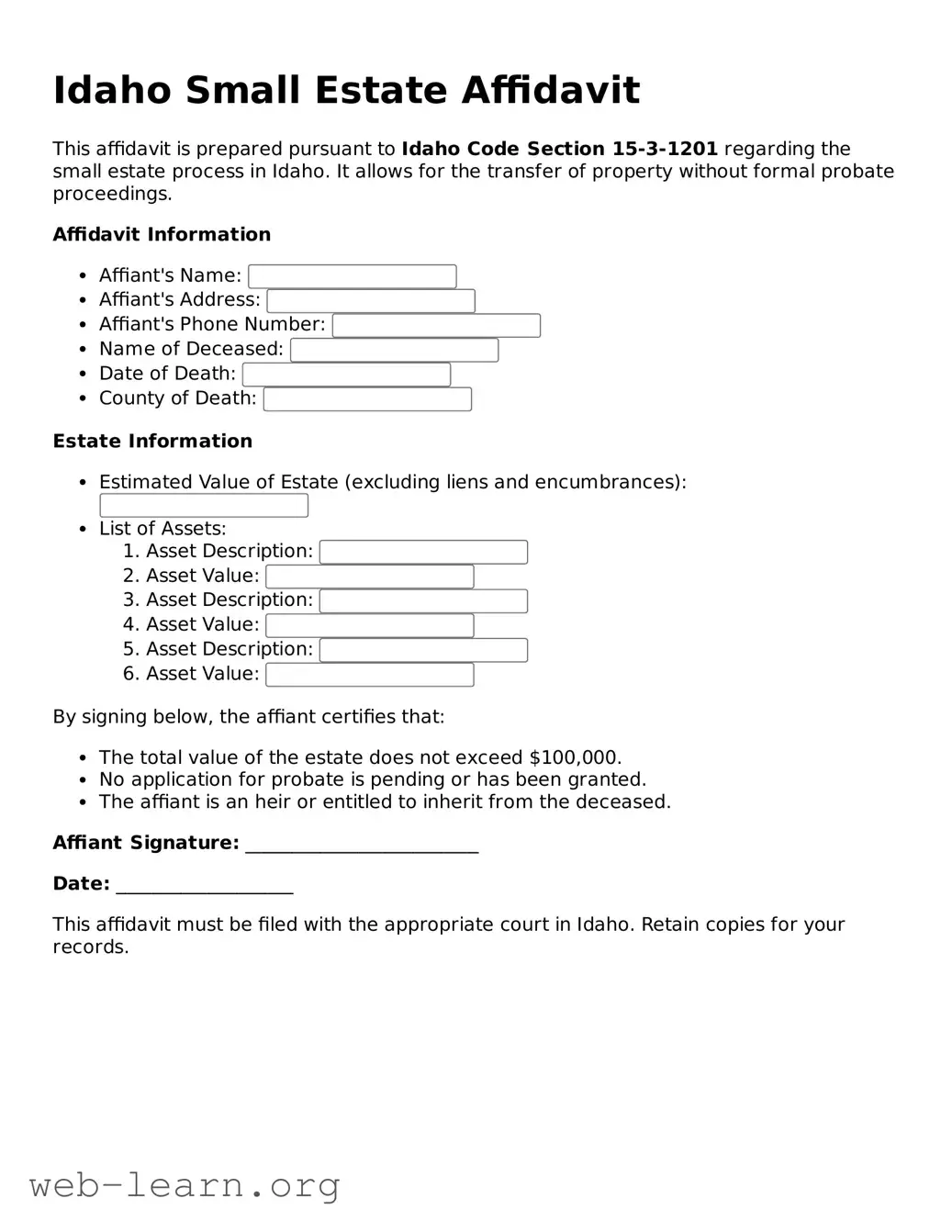 Attorney-Approved Small Estate Affidavit Document for the State of Idaho