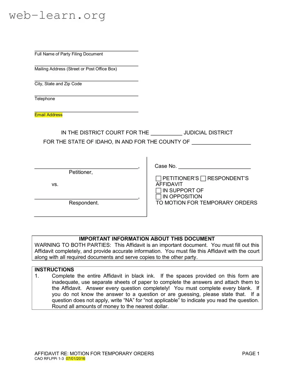 Blank Motion For Temporary Orders Idaho Form