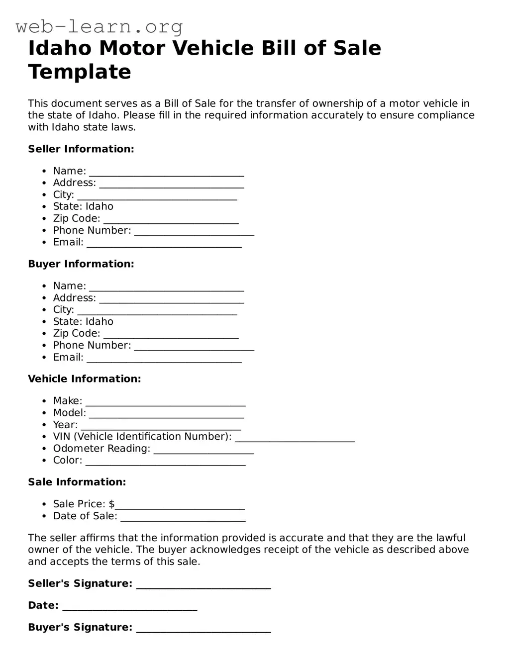 Attorney-Approved Motor Vehicle Bill of Sale Document for the State of Idaho
